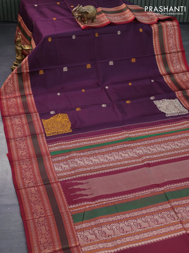 Pure kanjivaram silk saree deep jamun shade and maroon with thread woven buttas and long thread woven border