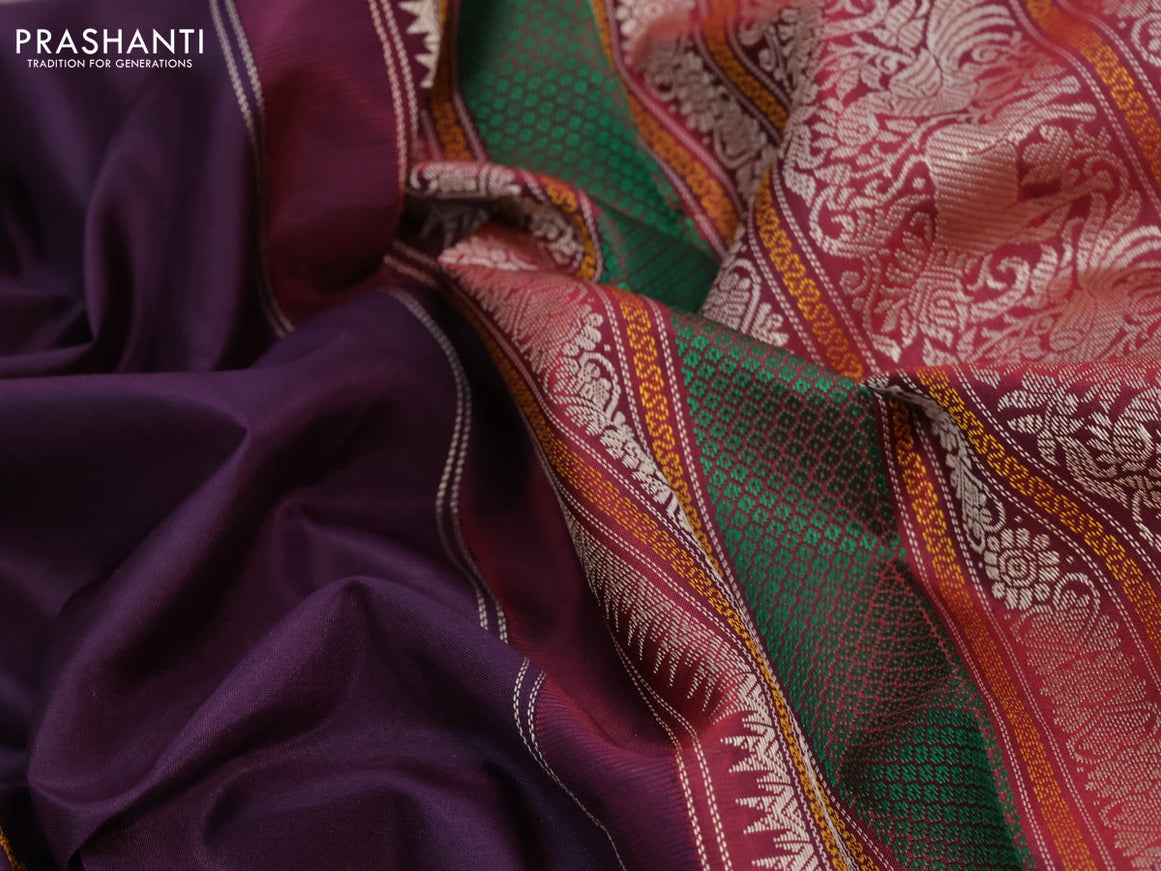 Pure kanjivaram silk saree deep jamun shade and maroon with thread woven buttas and long thread woven border