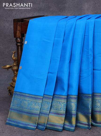 Pure kanjivaram silk saree cs blue and dual shade bluish green with thread woven buttas and thread woven border