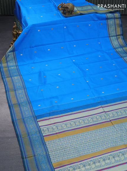 Pure kanjivaram silk saree cs blue and dual shade bluish green with thread woven buttas and thread woven border