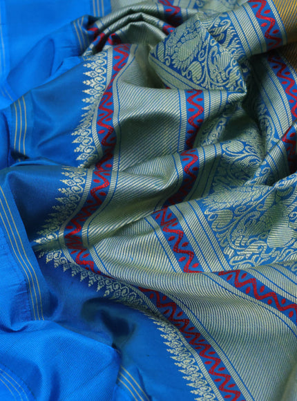 Pure kanjivaram silk saree cs blue and dual shade bluish green with thread woven buttas and thread woven border