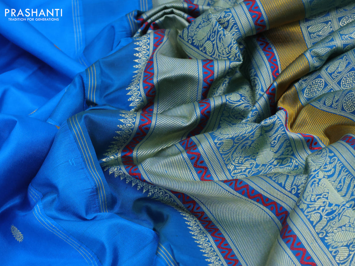 Pure kanjivaram silk saree cs blue and dual shade bluish green with thread woven buttas and thread woven border