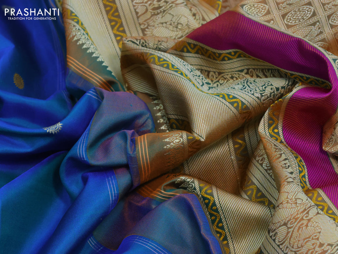 Pure kanjivaram silk saree dual shade of bluish green and dual shade of orange with thread woven buttas and thread woven border