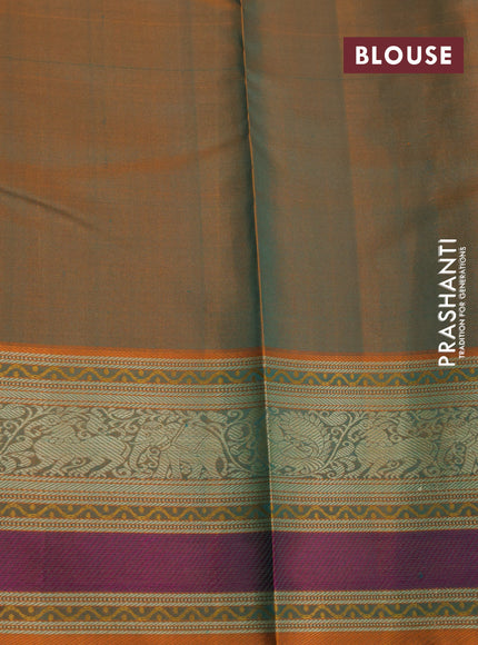 Pure kanjivaram silk saree dual shade of bluish green and dual shade of orange with thread woven buttas and thread woven border