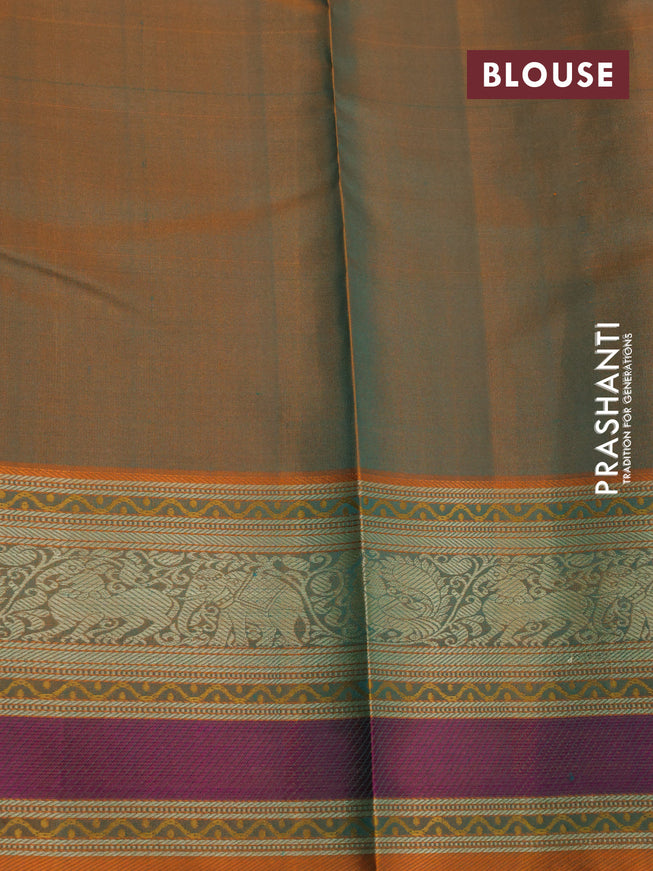 Pure kanjivaram silk saree dual shade of bluish green and dual shade of orange with thread woven buttas and thread woven border