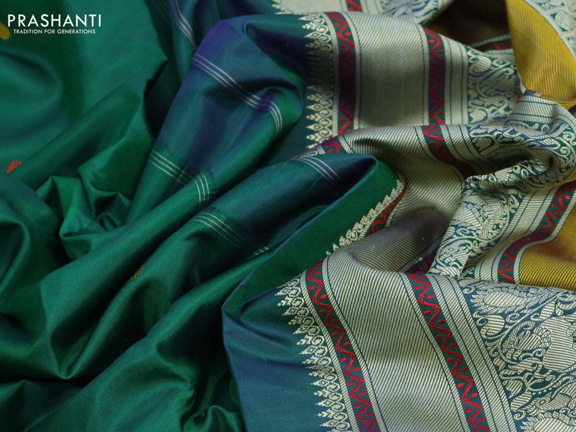 Pure kanjivaram silk saree green and dual shade of bluish green with thread woven buttas and thread woven border