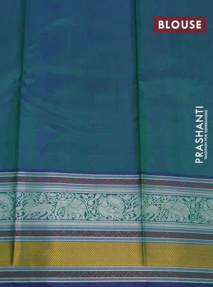 Pure kanjivaram silk saree green and dual shade of bluish green with thread woven buttas and thread woven border