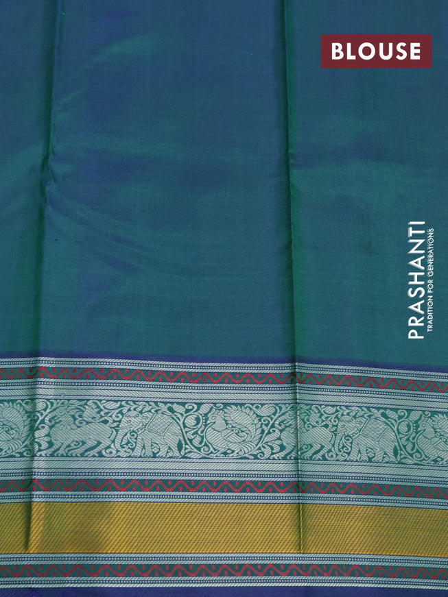 Pure kanjivaram silk saree green and dual shade of bluish green with thread woven buttas and thread woven border