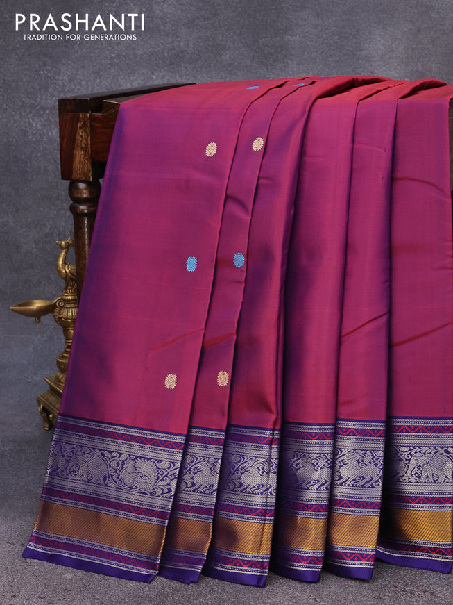 Pure kanjivaram silk saree dual shade of magenta pink and blue with thread woven buttas and rich thread woven border