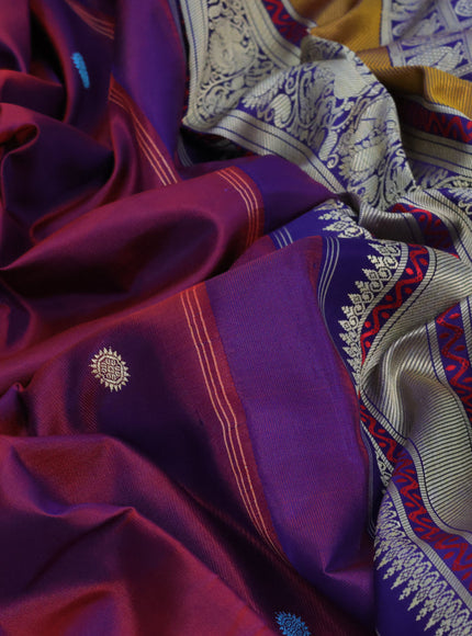 Pure kanjivaram silk saree dual shade of magenta pink and blue with thread woven buttas and rich thread woven border