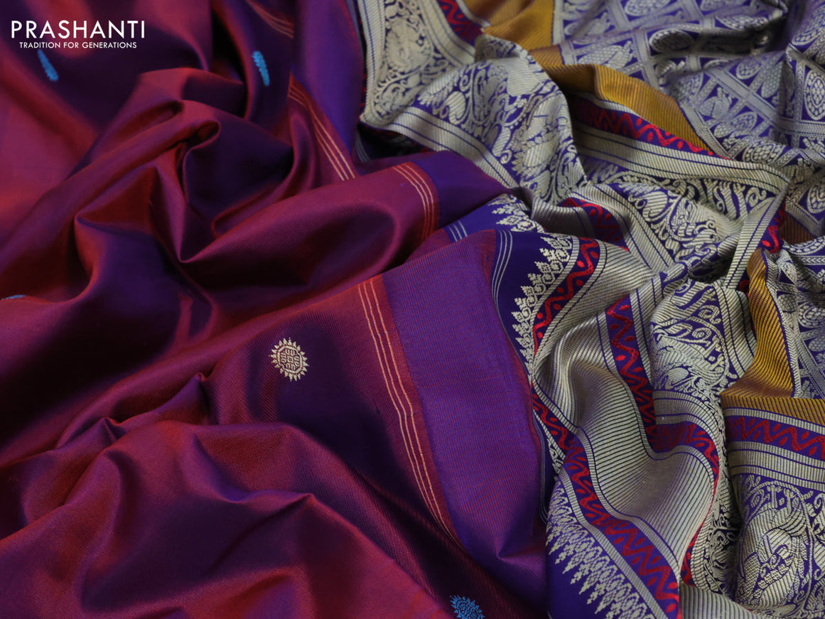 Pure kanjivaram silk saree dual shade of magenta pink and blue with thread woven buttas and rich thread woven border