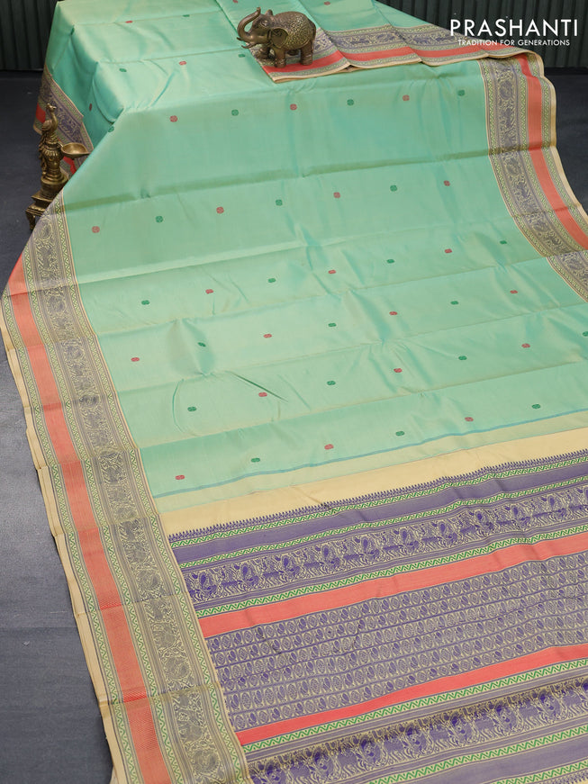 Pure kanjivaram silk saree dual shade of pastel green and sandal with thread woven buttas and rich thread woven border