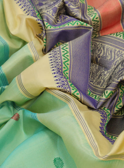 Pure kanjivaram silk saree dual shade of pastel green and sandal with thread woven buttas and rich thread woven border