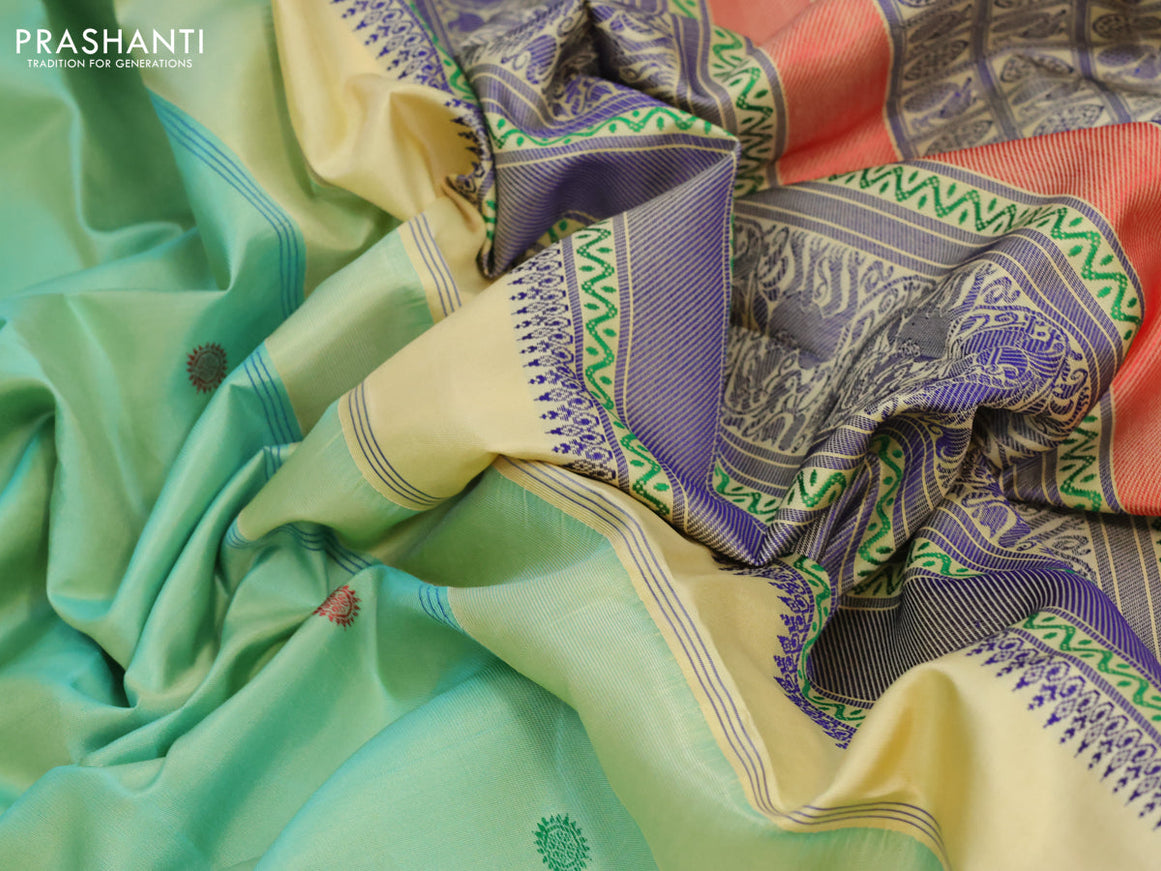 Pure kanjivaram silk saree dual shade of pastel green and sandal with thread woven buttas and rich thread woven border