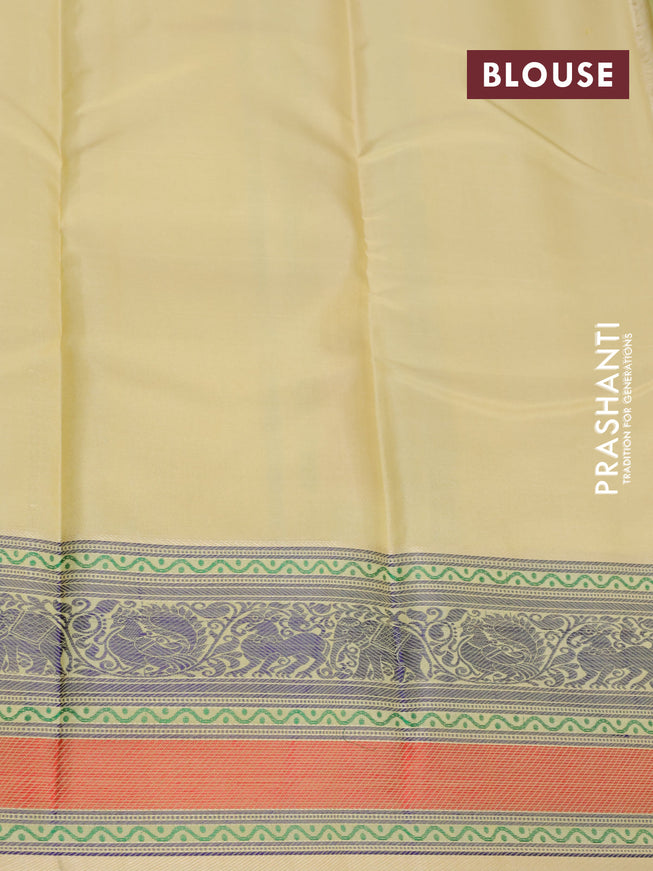 Pure kanjivaram silk saree dual shade of pastel green and sandal with thread woven buttas and rich thread woven border