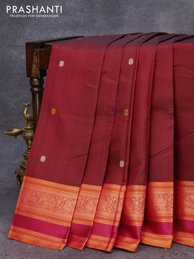 Pure kanjivaram silk saree maroon and orange with thread woven buttas and rich thread woven border