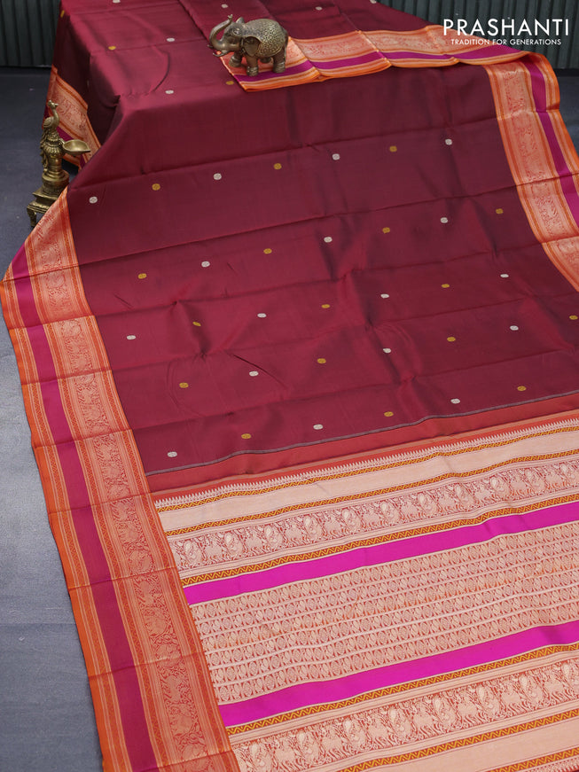 Pure kanjivaram silk saree maroon and orange with thread woven buttas and rich thread woven border