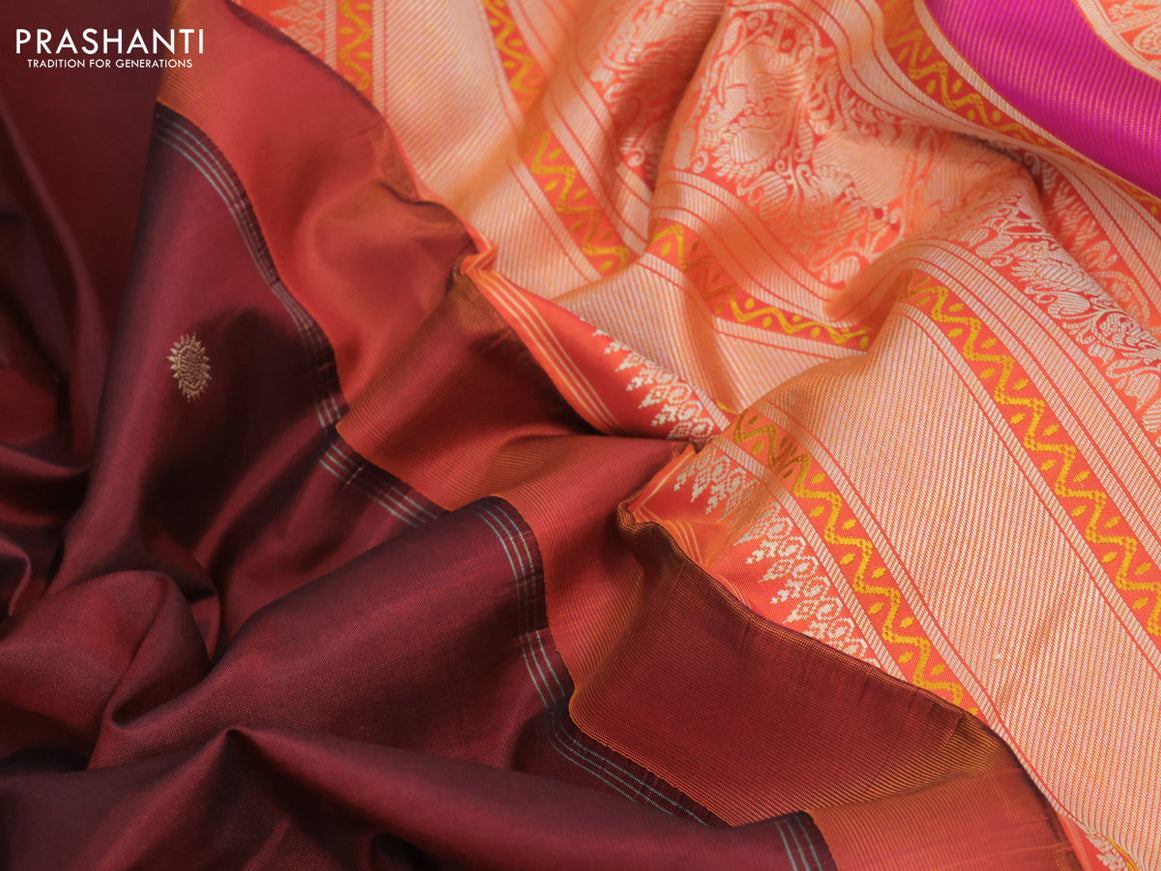 Pure kanjivaram silk saree maroon and orange with thread woven buttas and rich thread woven border