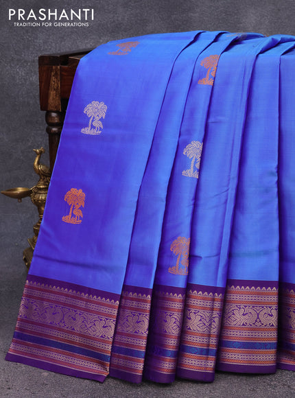 Pure kanjivaram silk saree dual shade of blue and deep violet with thread woven buttas and thread woven border