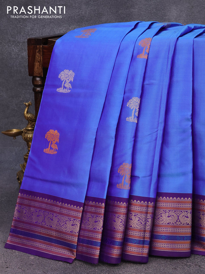 Pure kanjivaram silk saree dual shade of blue and deep violet with thread woven buttas and thread woven border