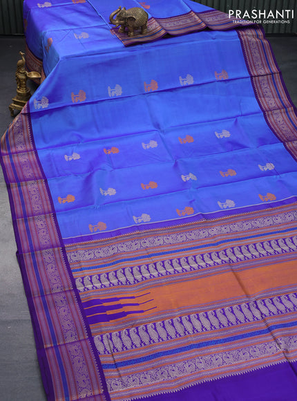 Pure kanjivaram silk saree dual shade of blue and deep violet with thread woven buttas and thread woven border