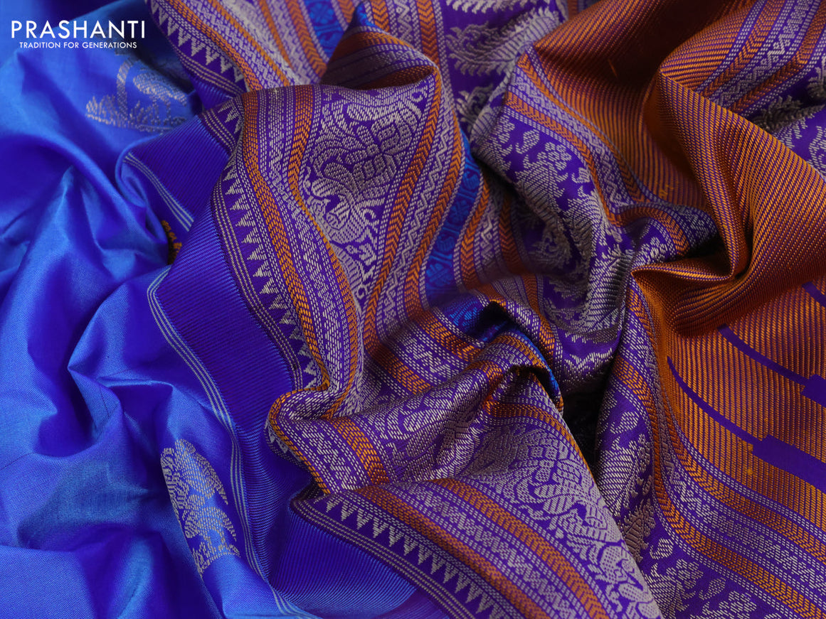 Pure kanjivaram silk saree dual shade of blue and deep violet with thread woven buttas and thread woven border