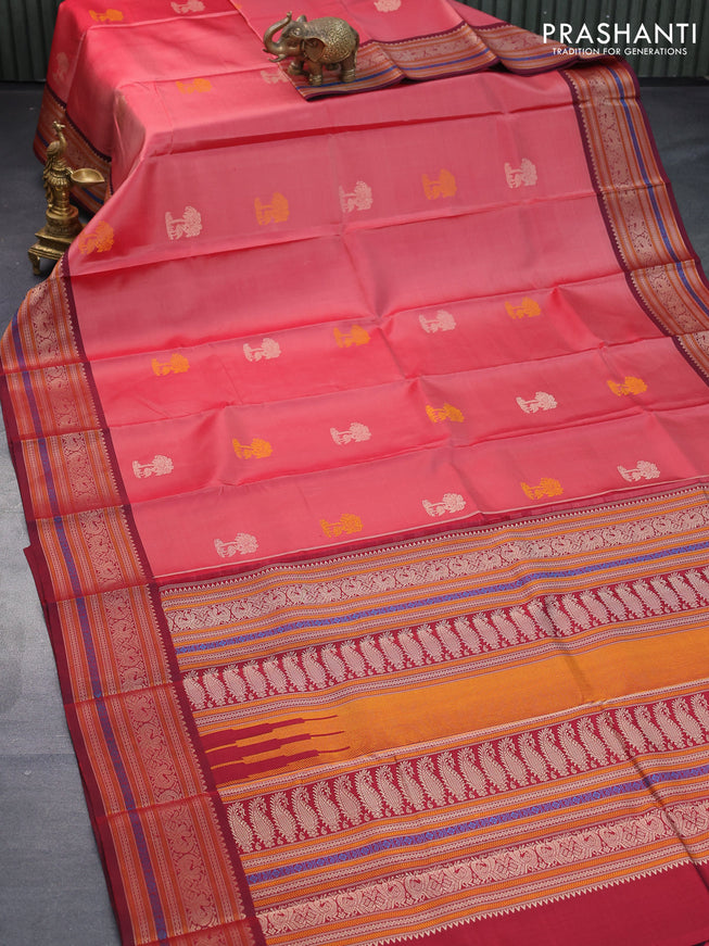 Pure kanjivaram silk saree red shade and maroon with thread woven buttas and thread woven border