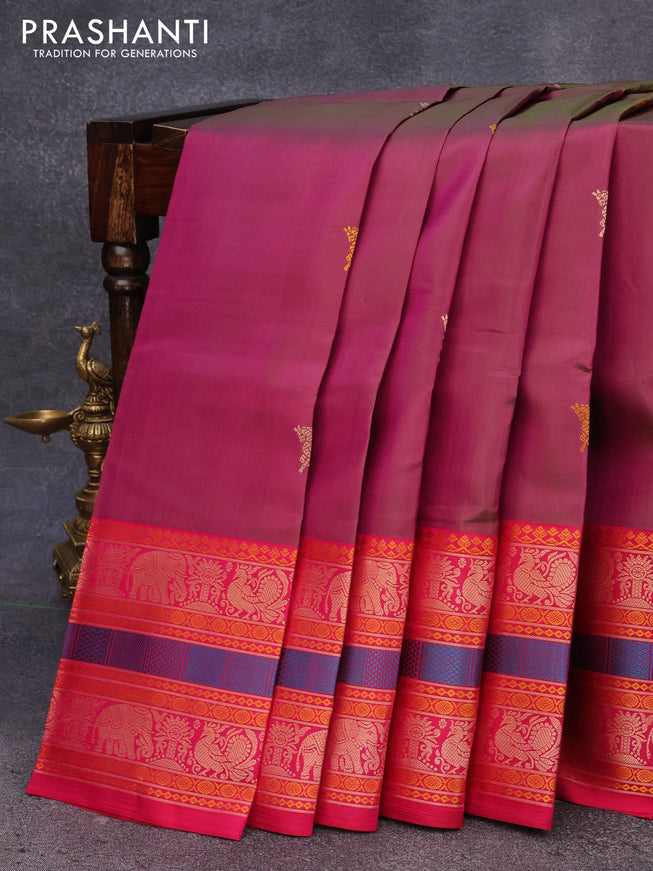 Pure kanjivaram silk saree dual shade of magenta pink and pink with thread woven buttas and long thread woven border