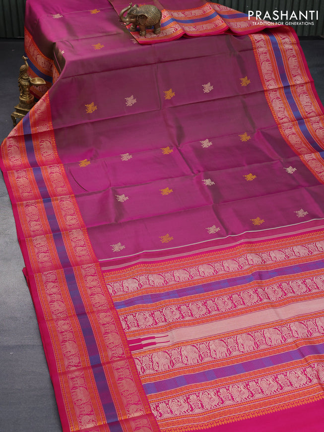 Pure kanjivaram silk saree dual shade of magenta pink and pink with thread woven buttas and long thread woven border