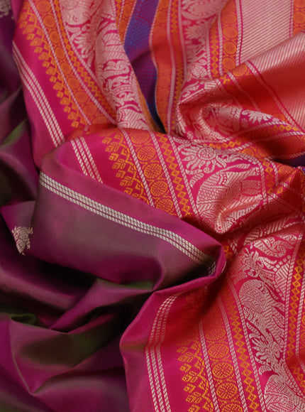 Pure kanjivaram silk saree dual shade of magenta pink and pink with thread woven buttas and long thread woven border