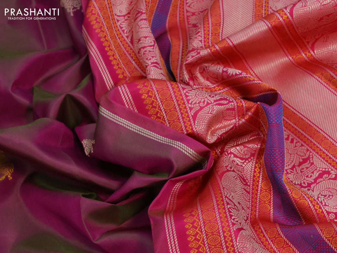 Pure kanjivaram silk saree dual shade of magenta pink and pink with thread woven buttas and long thread woven border