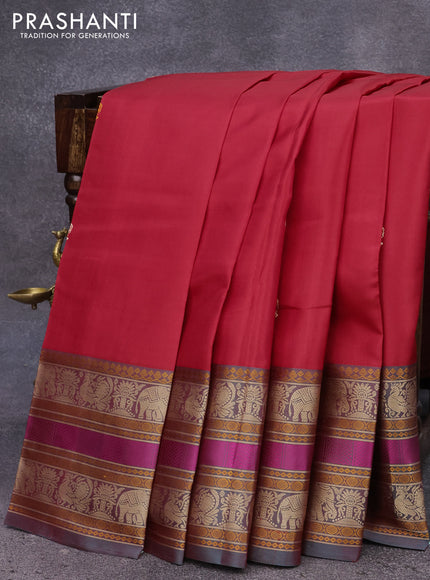 Pure kanjivaram silk saree red and greenish red with thread woven buttas and long thread woven border