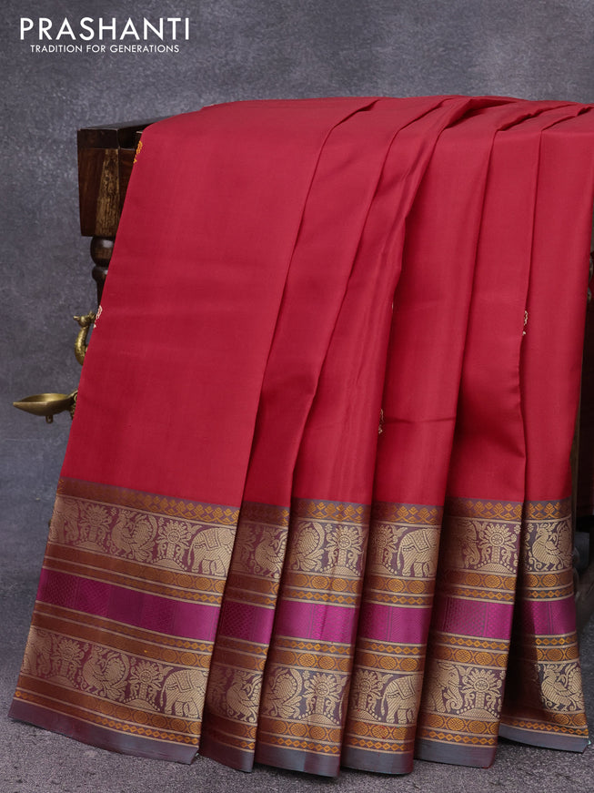 Pure kanjivaram silk saree red and greenish red with thread woven buttas and long thread woven border