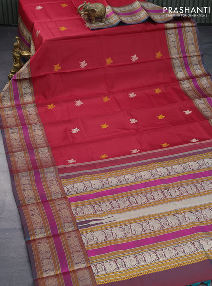 Pure kanjivaram silk saree red and greenish red with thread woven buttas and long thread woven border