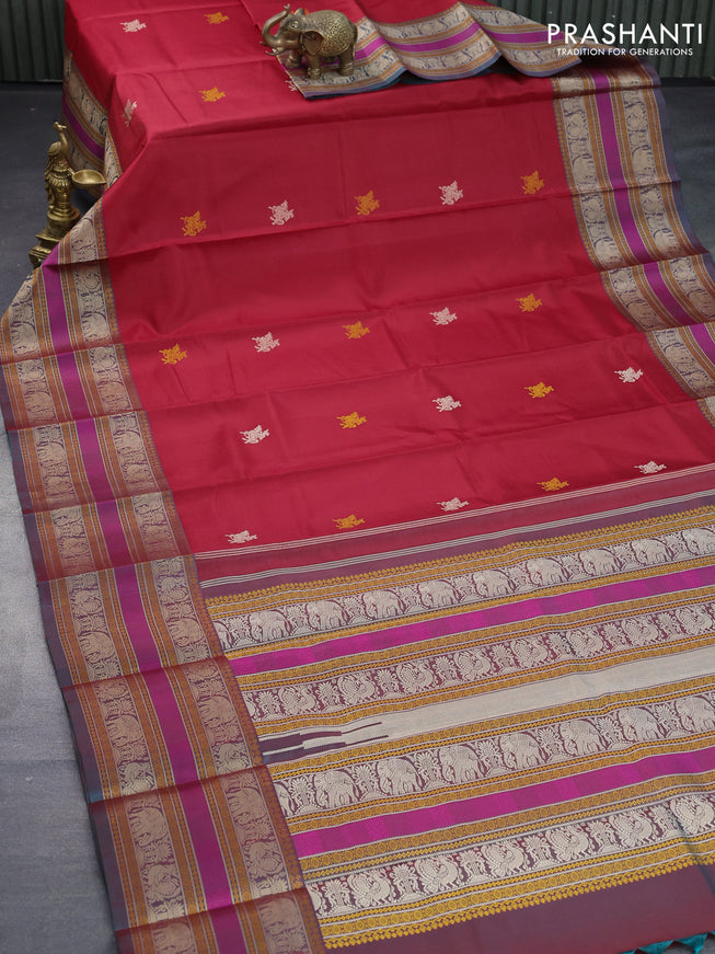 Pure kanjivaram silk saree red and greenish red with thread woven buttas and long thread woven border