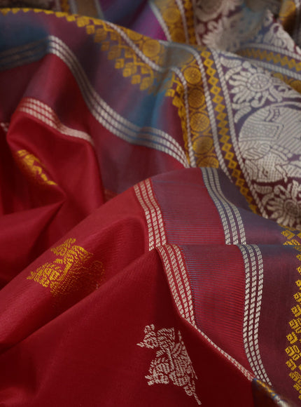 Pure kanjivaram silk saree red and greenish red with thread woven buttas and long thread woven border