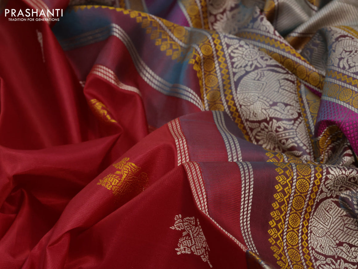 Pure kanjivaram silk saree red and greenish red with thread woven buttas and long thread woven border