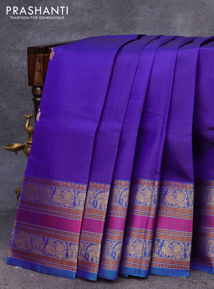 Pure kanjivaram silk saree violet and dual shade of bluish green with thread woven buttas and thread woven border