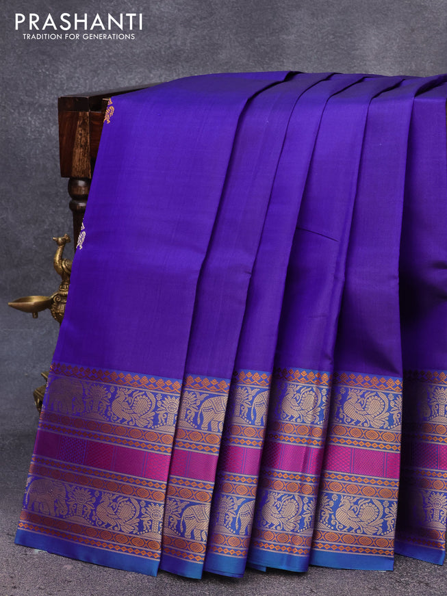 Pure kanjivaram silk saree violet and dual shade of bluish green with thread woven buttas and thread woven border