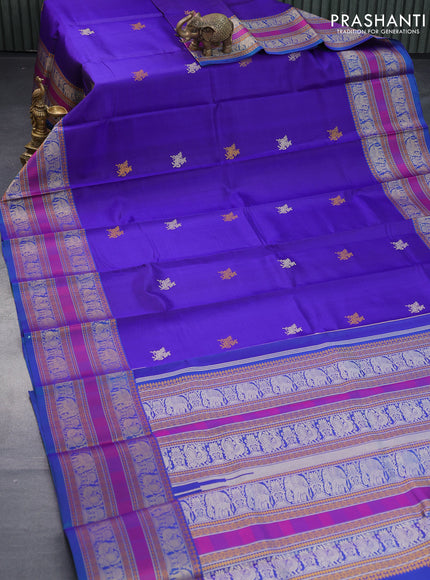 Pure kanjivaram silk saree violet and dual shade of bluish green with thread woven buttas and thread woven border