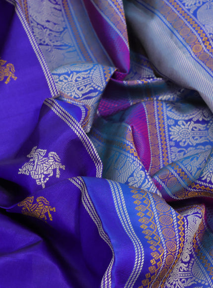 Pure kanjivaram silk saree violet and dual shade of bluish green with thread woven buttas and thread woven border