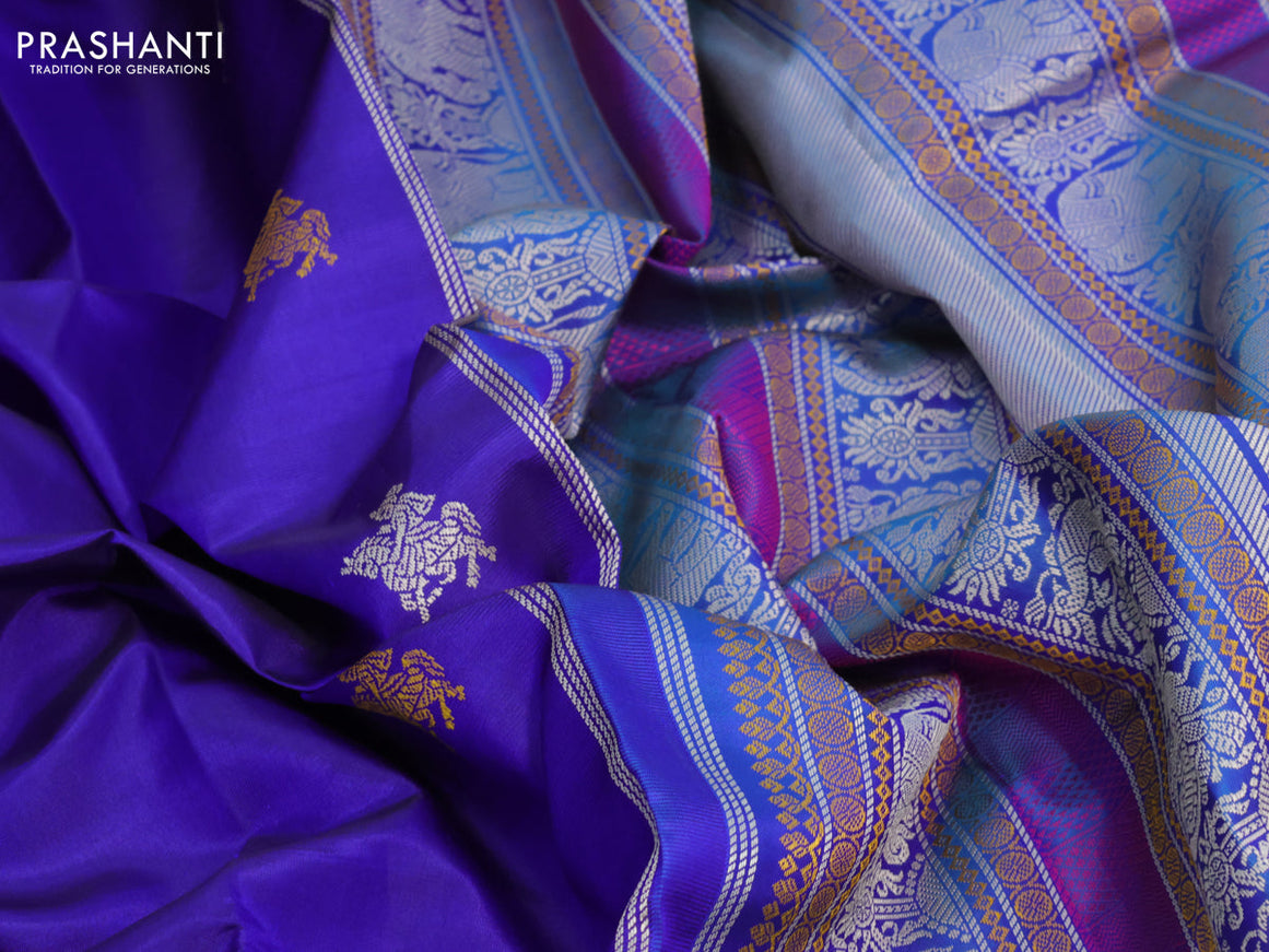 Pure kanjivaram silk saree violet and dual shade of bluish green with thread woven buttas and thread woven border