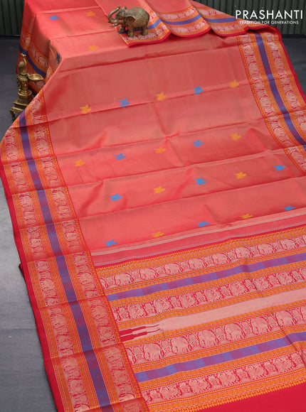 Pure kanjivaram silk saree red shade and red with thread woven buttas and long thread woven border