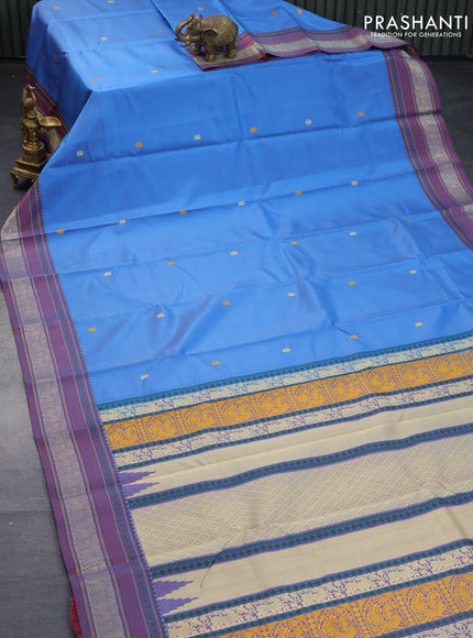 Pure kanjivaram silk saree blue and dual shade of bluish red with thread woven buttas and thread woven border