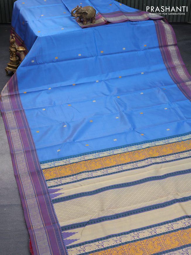 Pure kanjivaram silk saree blue and dual shade of bluish red with thread woven buttas and thread woven border