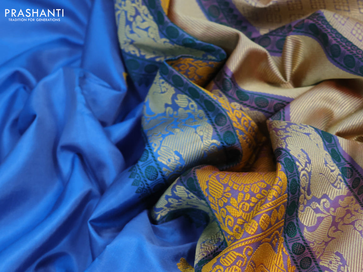 Pure kanjivaram silk saree blue and dual shade of bluish red with thread woven buttas and thread woven border