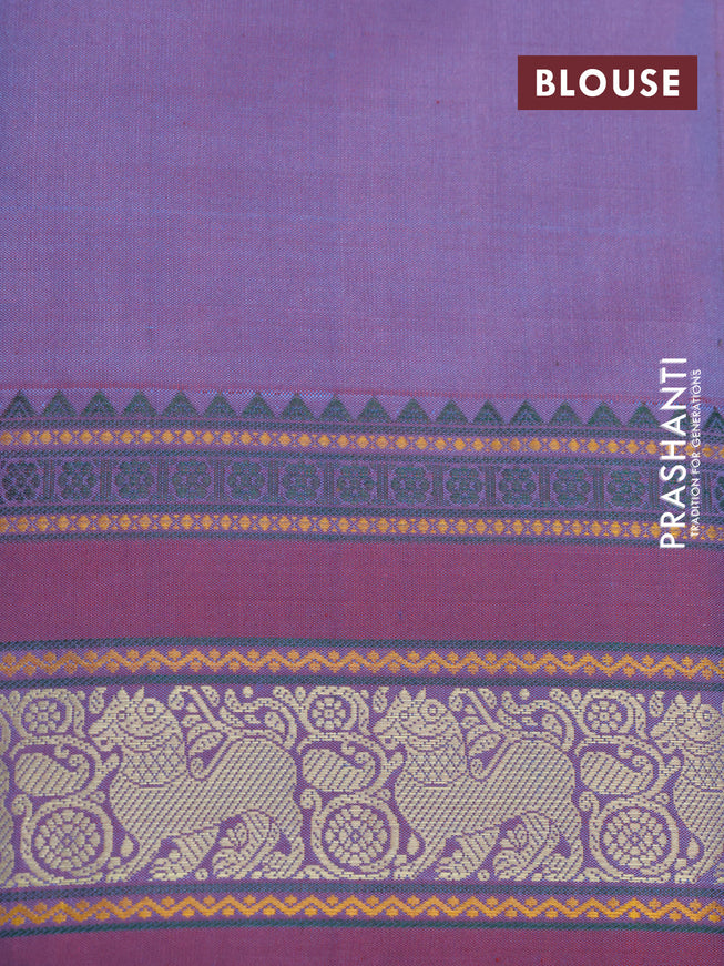 Pure kanjivaram silk saree blue and dual shade of bluish red with thread woven buttas and thread woven border