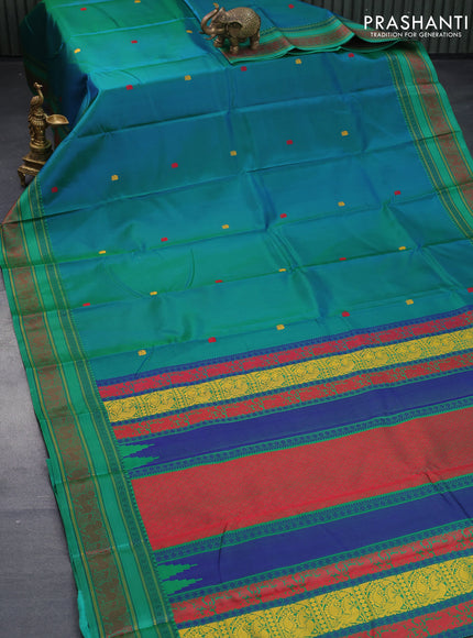 Pure kanjivaram silk saree dual shade of teal bluish green and green with thread woven buttas and thread woven border