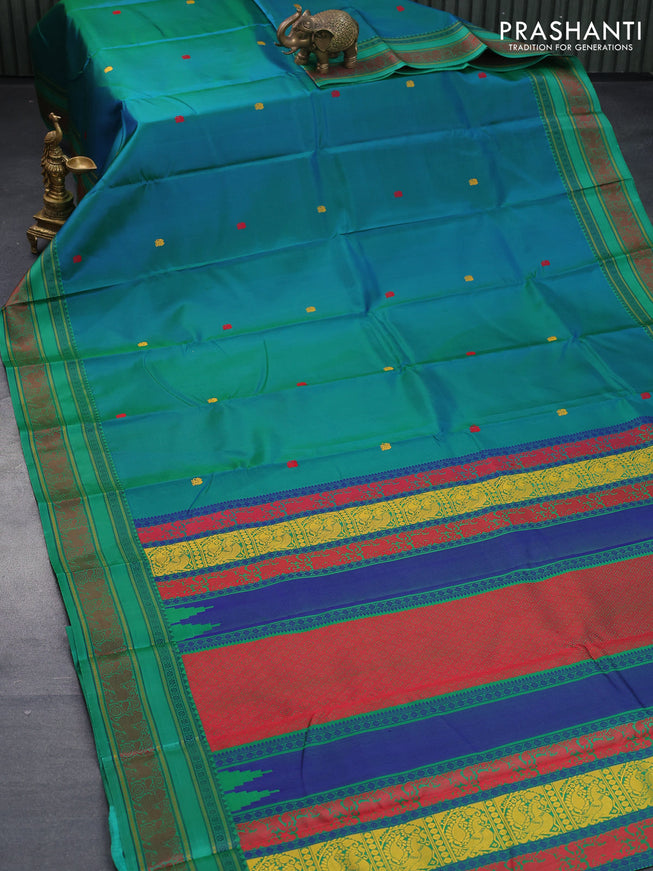 Pure kanjivaram silk saree dual shade of teal bluish green and green with thread woven buttas and thread woven border