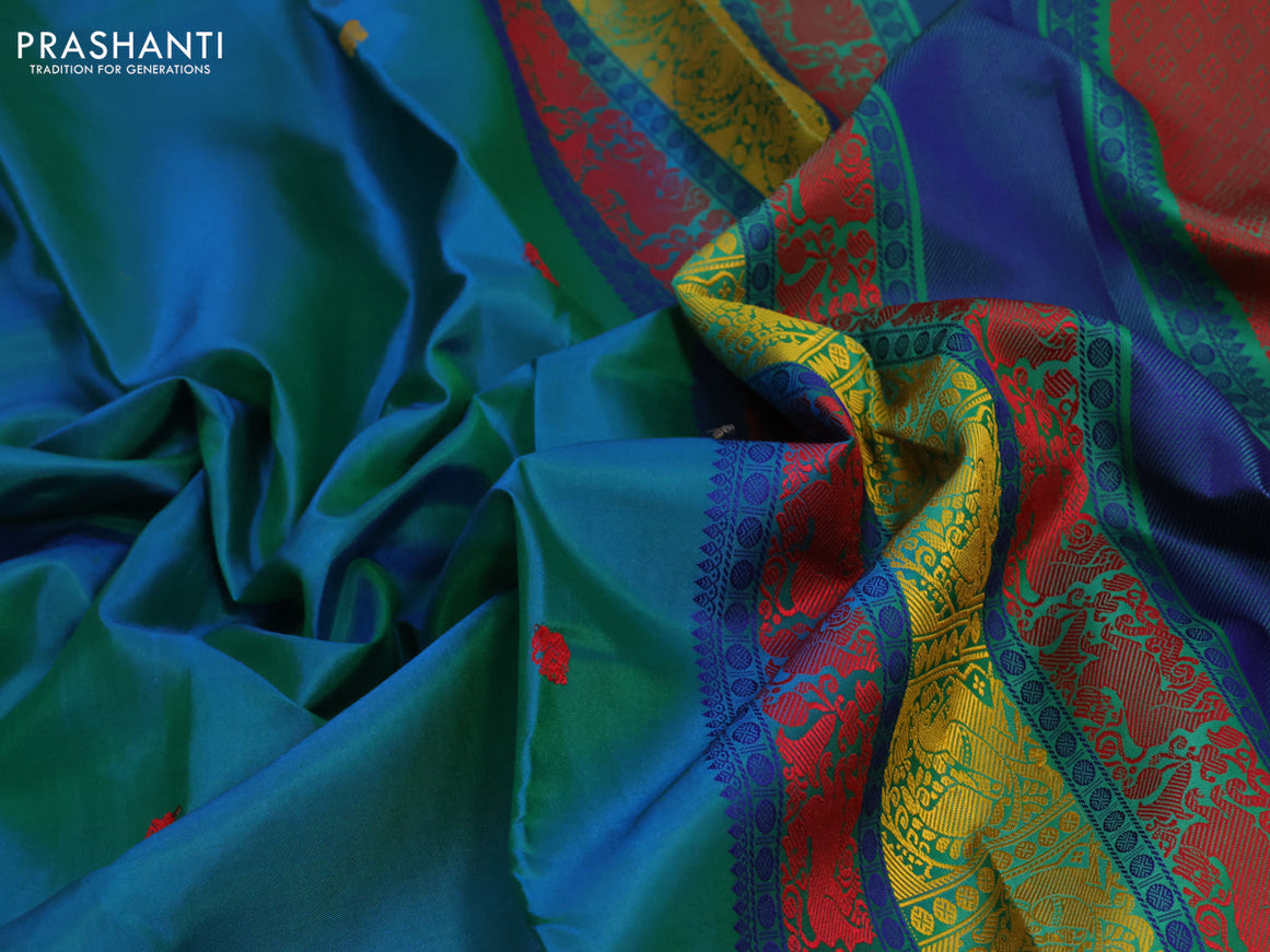 Pure kanjivaram silk saree dual shade of teal bluish green and green with thread woven buttas and thread woven border